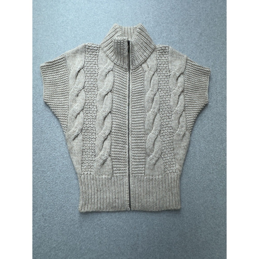 Elsamanda Sweater Womens Large Beige Cable Knit Short Sleeve Full Zip Turtleneck